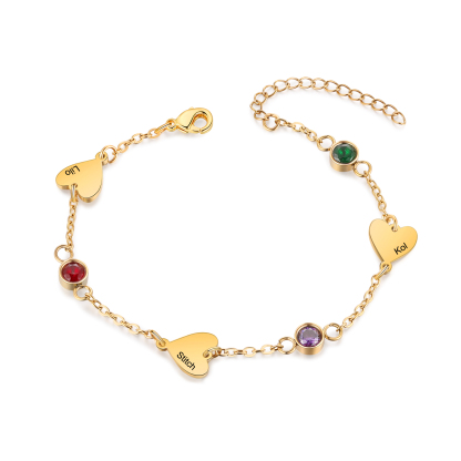Personalized 1-5 Names Gold Heart Birthstone Chain Bracelet