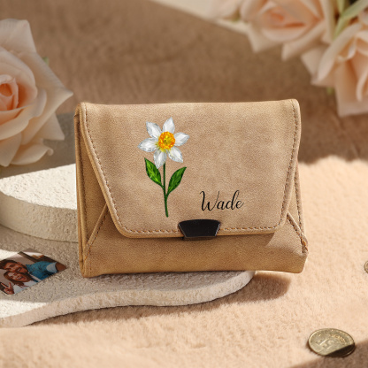 Personalized Women Leather Wallet Custom With Birth Flower And Name