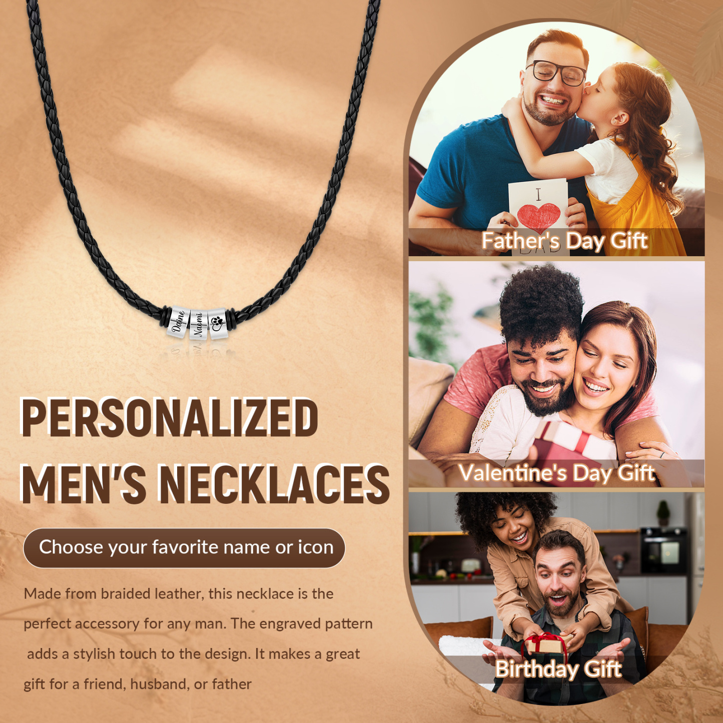 Personalized Braided Leather Necklace for Men Customized with 1–6 Names Beads