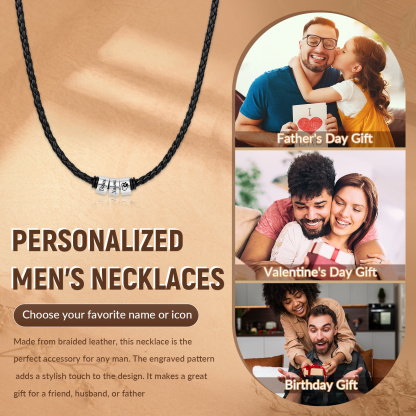 Personalized Braided Leather Necklace for Men Customized with 1–6 Names Beads