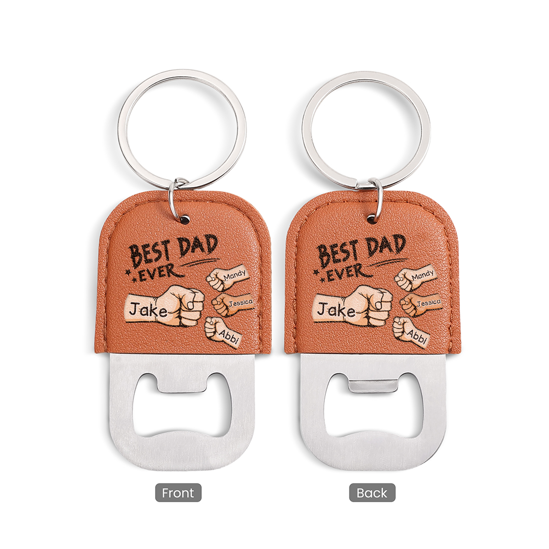 Personalized Leather Keychain With Bottle Opener For Dad Custom With 2–7 Names And Fist Bumps