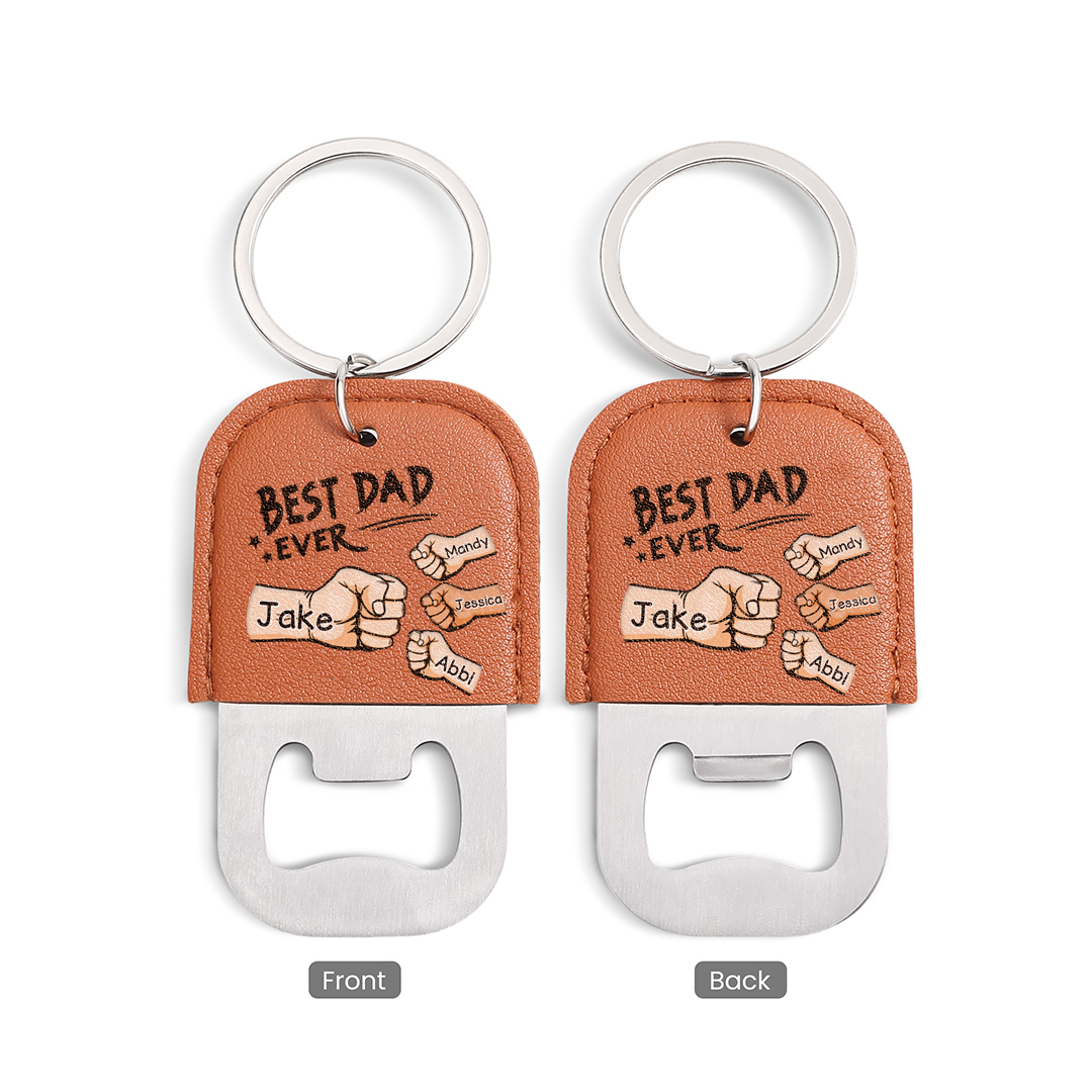 Personalized Leather Keychain With Bottle Opener For Dad Custom With 2–7 Names And Fist Bumps