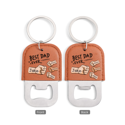 Personalized Leather Keychain With Bottle Opener For Dad Custom With 2–7 Names And Fist Bumps