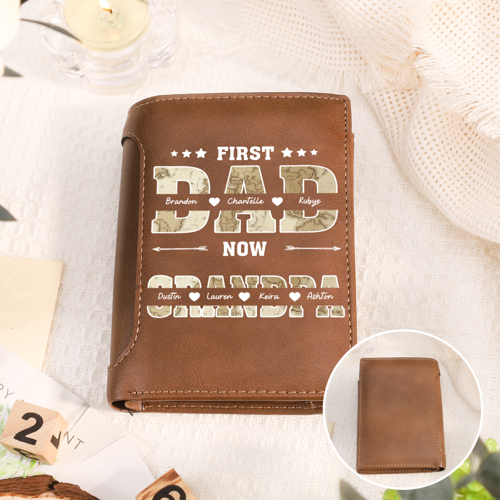 Personalized Leather Wallet With Map Design For Dad And Grandpa Customizable With 2–10 Names