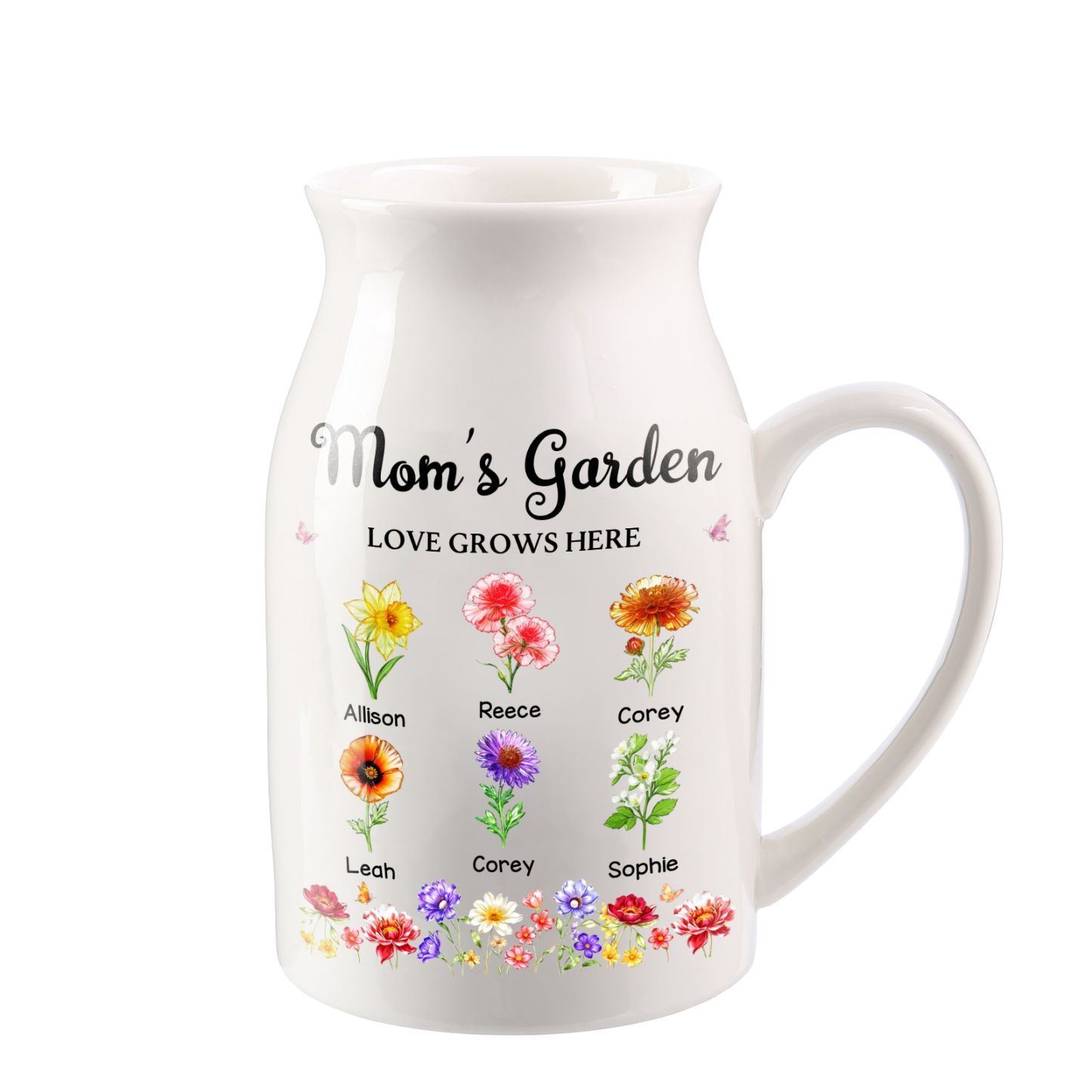 Personalized Ceramic Vase With Floral Motif Grandma’s Garden Customized With 1–10 Birth Flowers and Names