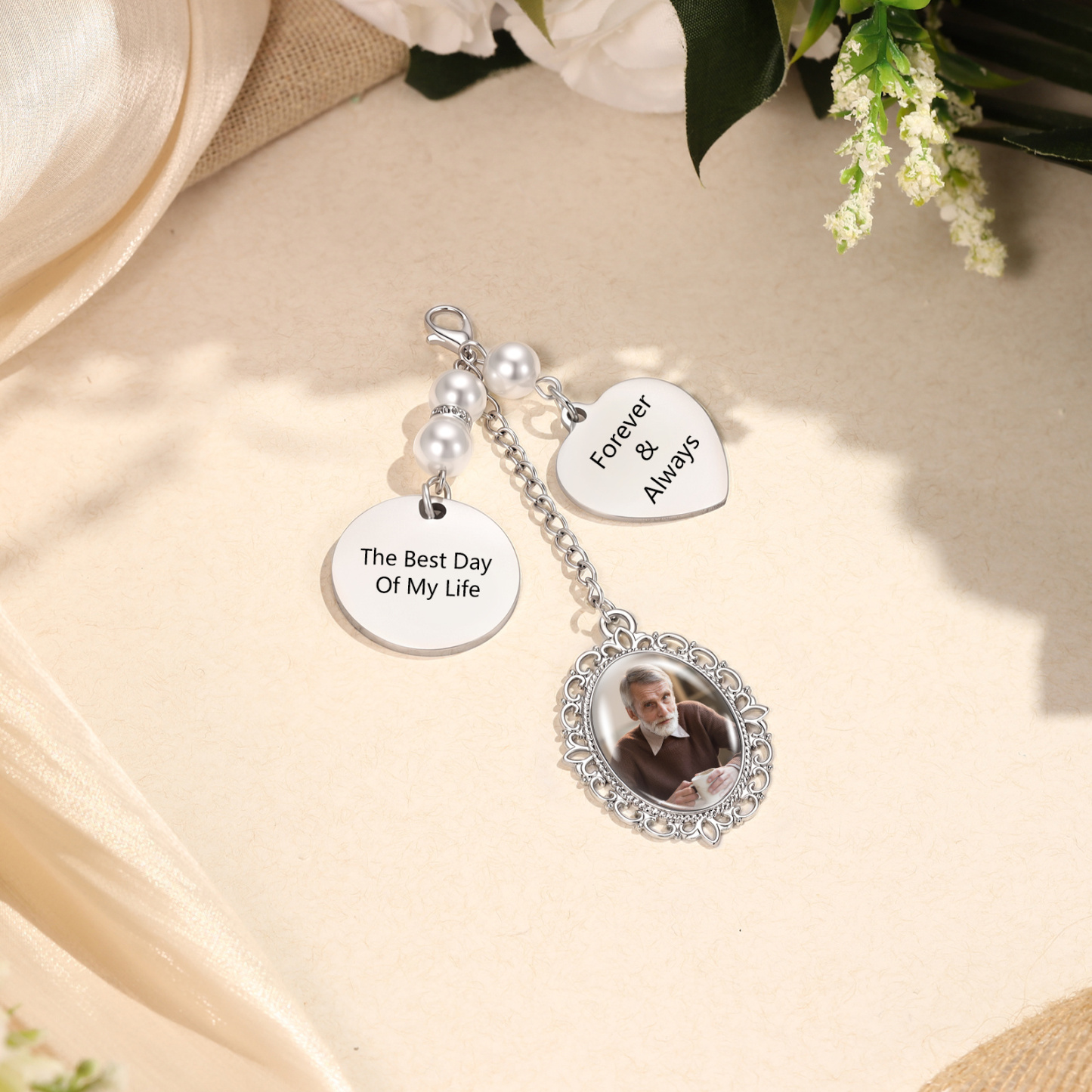 Personalized Memorial Bouquet Charm with Pearl Beads Custom 1-4 Photos