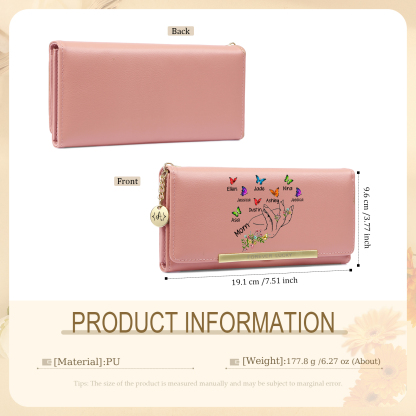 Personalized Women Wallet Floral Butterfly Design Customized With 2–8 Names