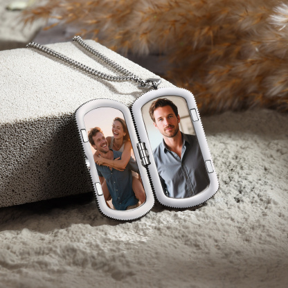 Personalized Dog Tag Locket Necklace for Men with Engraving and 2 Photos