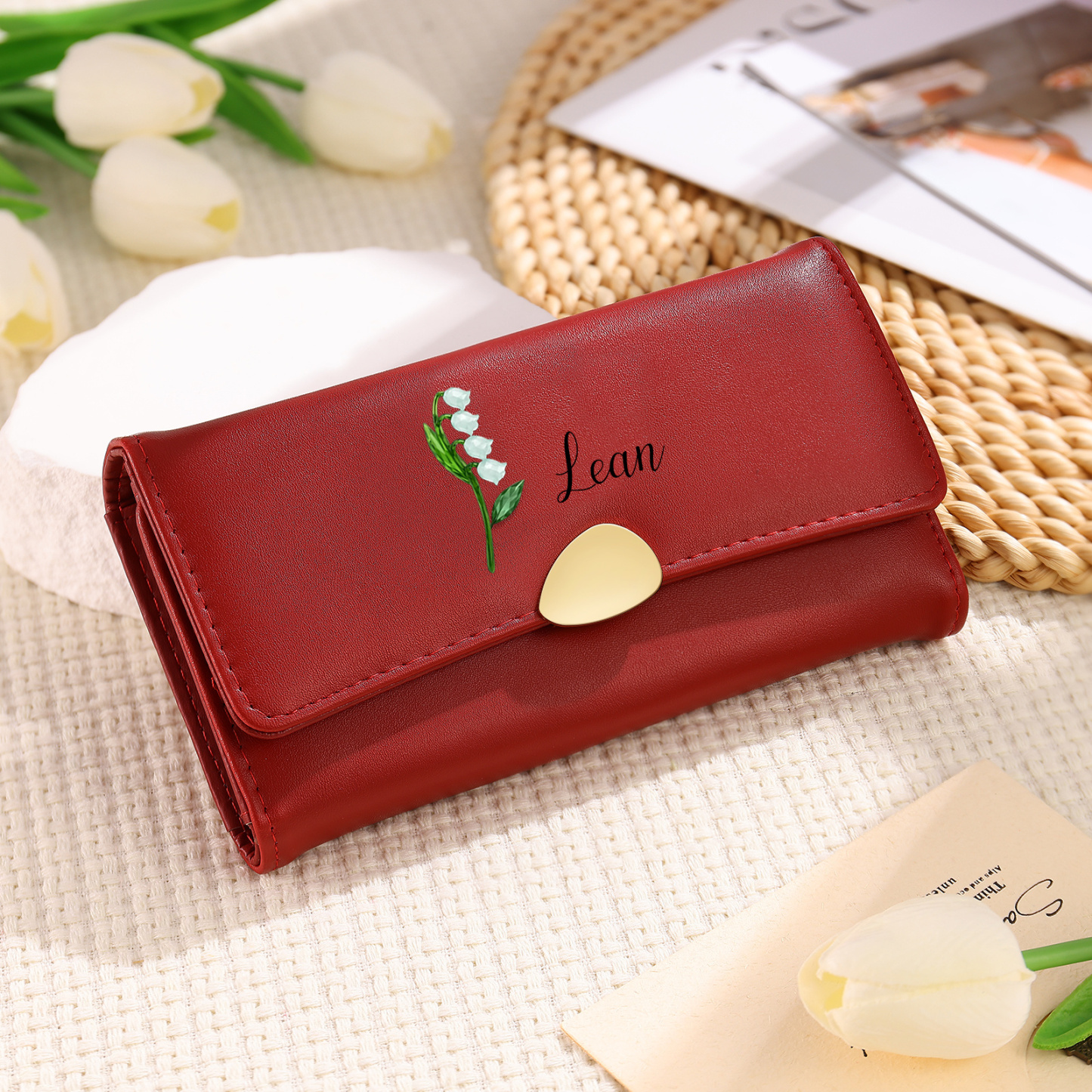 Personalized Long Women Leather Wallet Custom with Birth Flower and Name