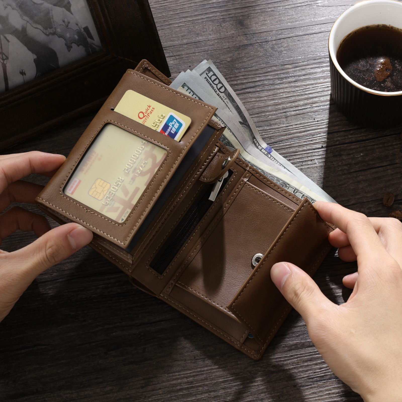 Personalized Men's Leather Wallet with Photo Couple's Pinky Promise Trifold Wallet