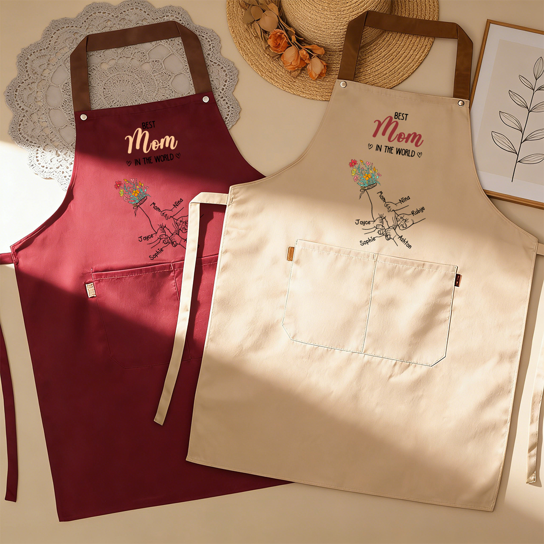 Personalized Floral Kitchen Apron Holding Hands Custom with 2–7 Names Gift for Mom or Grandma