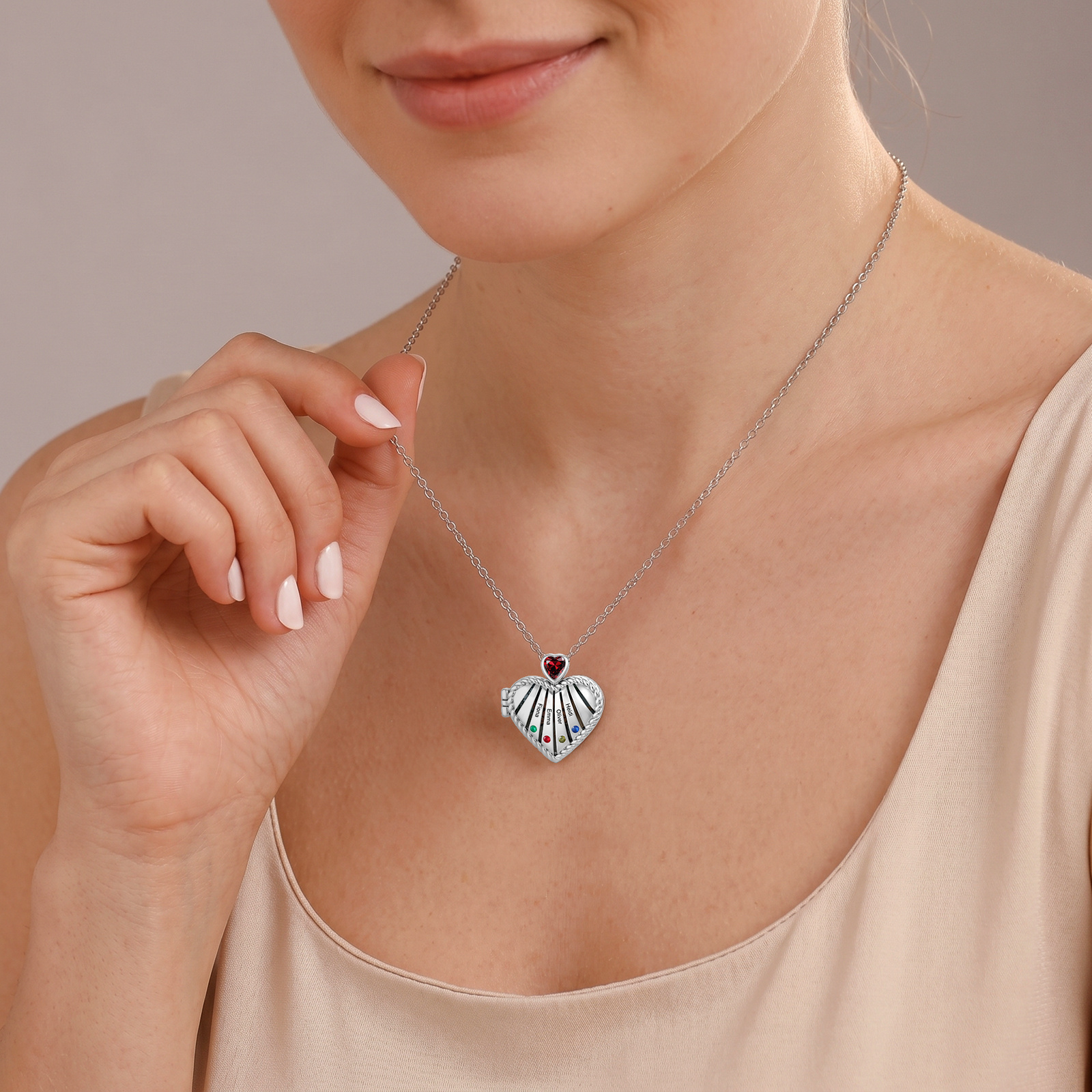 Personalized Heart Locket Birthstone Photo Necklace Custom with 1-6 Names Birthstones