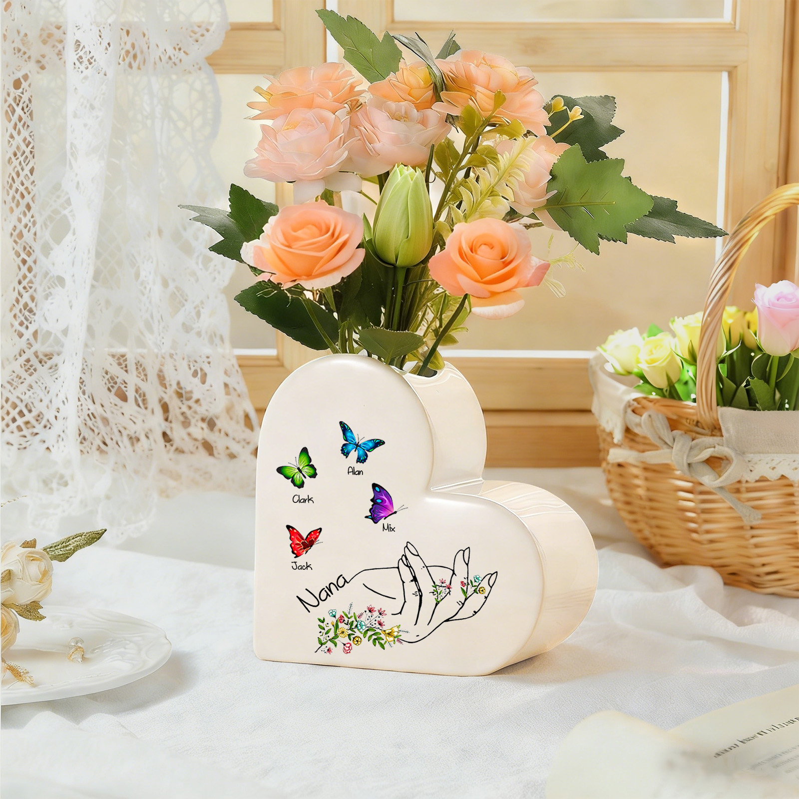 Personalized Ceramic Heart Vase Custom with 2–8 Names and Butterfly
