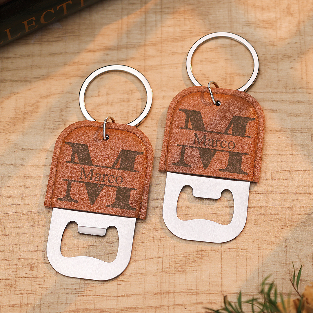Personalized Leather Keychain Bottle Opener Custom with 15 Selectable Designs for Men