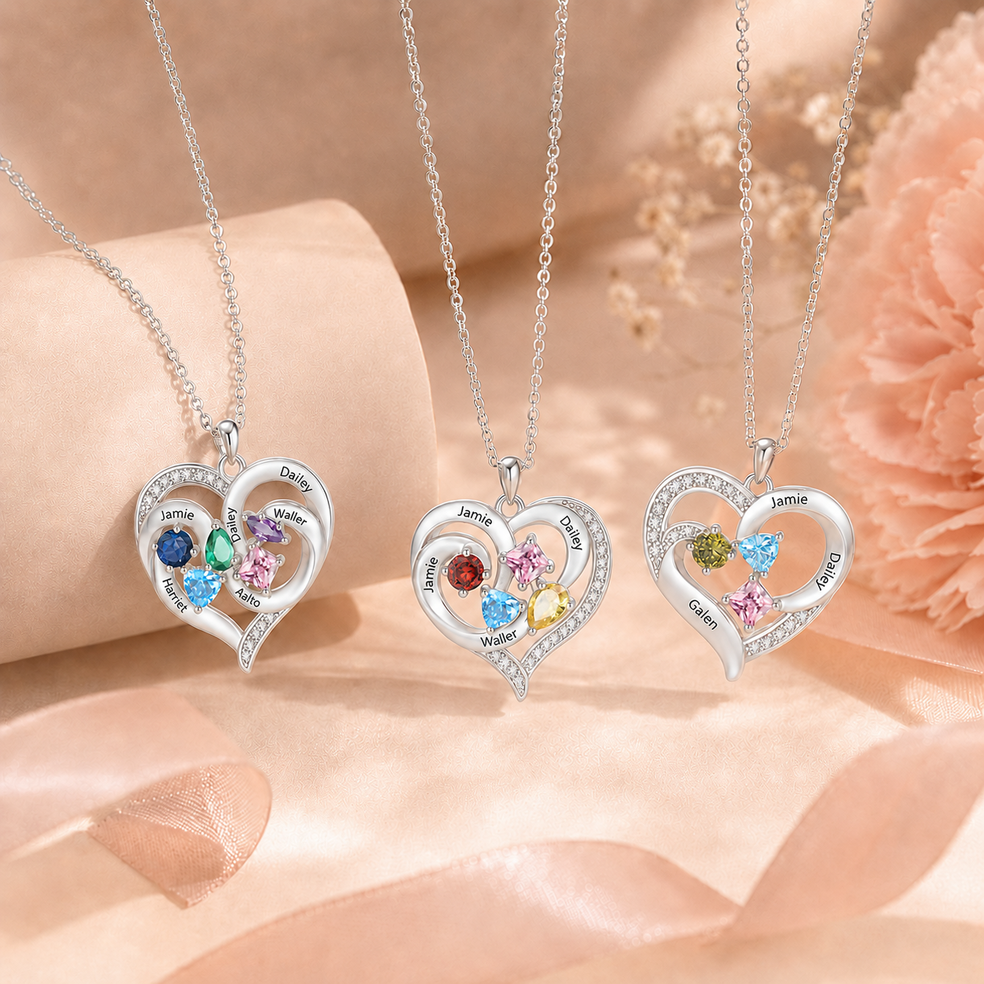 Personalized Double Heart Birthstone Necklace Customized with 1-5 Names