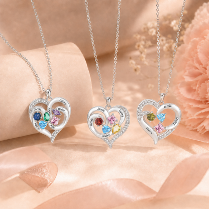 Personalized Double Heart Birthstone Necklace Customized with 1-5 Names