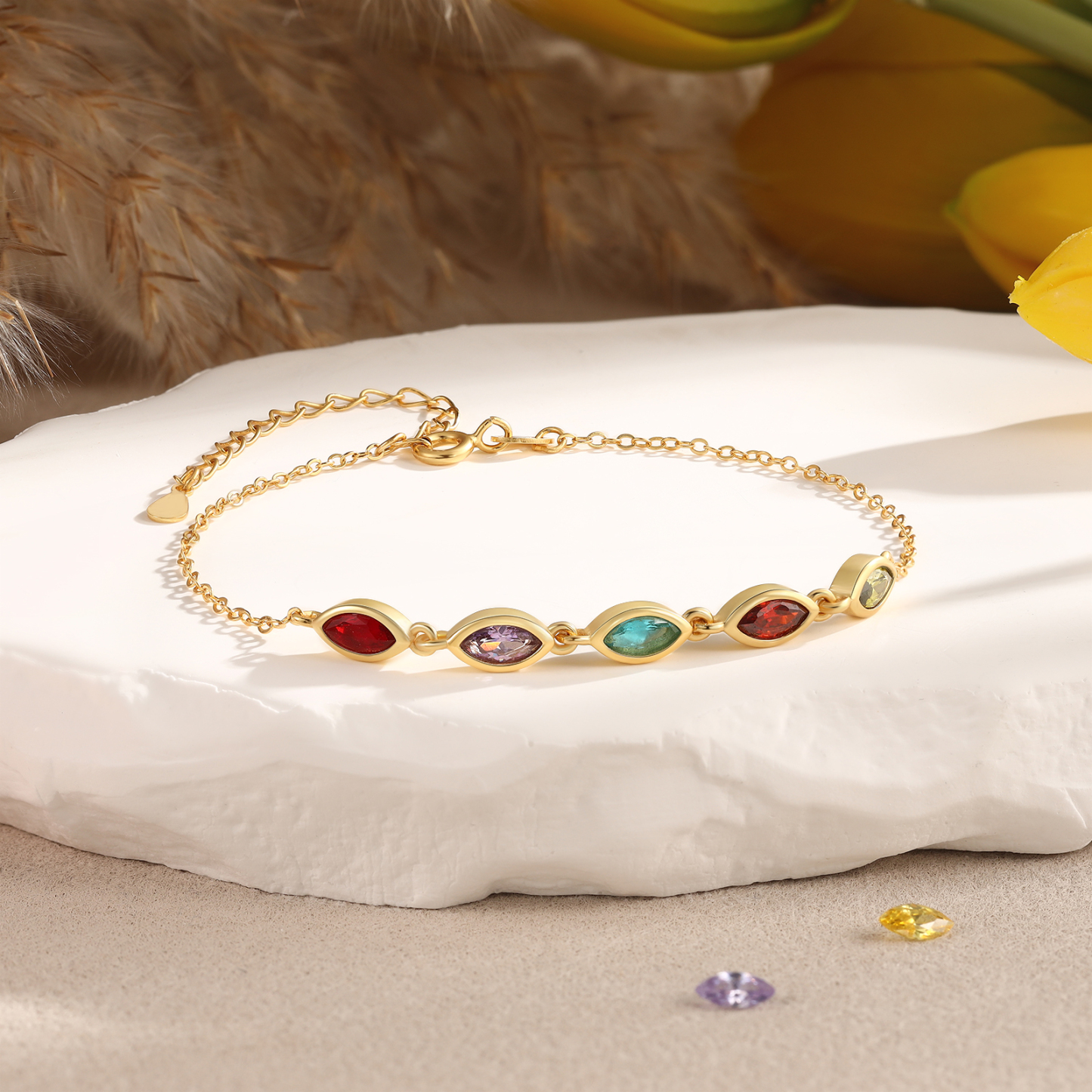 925 Sterling Silver Personalized Birthstones Bracelet Custom with 2–5 Marquise-Cut Stones