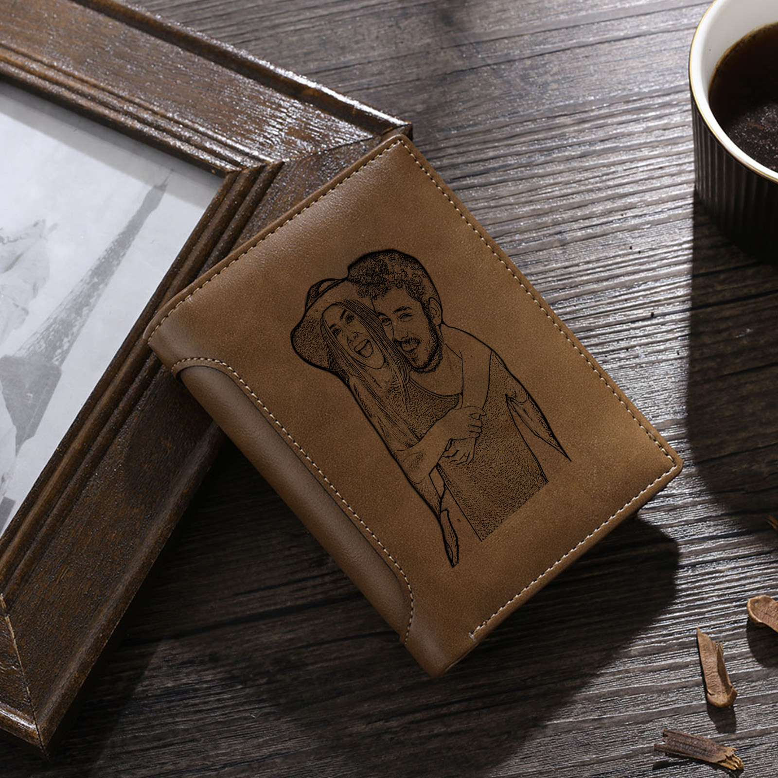Personalized Men's Leather Wallet with Photo Couple's Pinky Promise Trifold Wallet