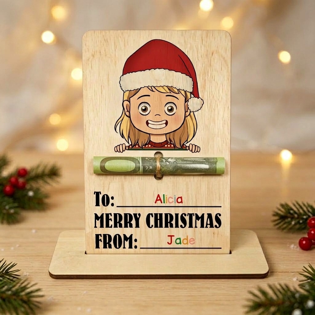 Personalized Wooden Christmas Money Holder with 2 Names Cash Gift Card for Child