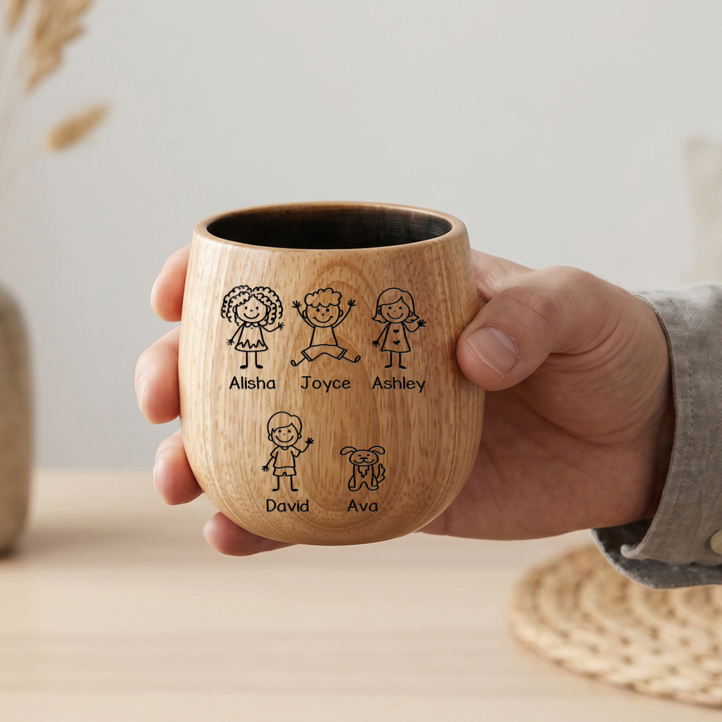 Personalized Wooden Whiskey Tumbler Engraved Mug Customized with 1-8 Kids Names