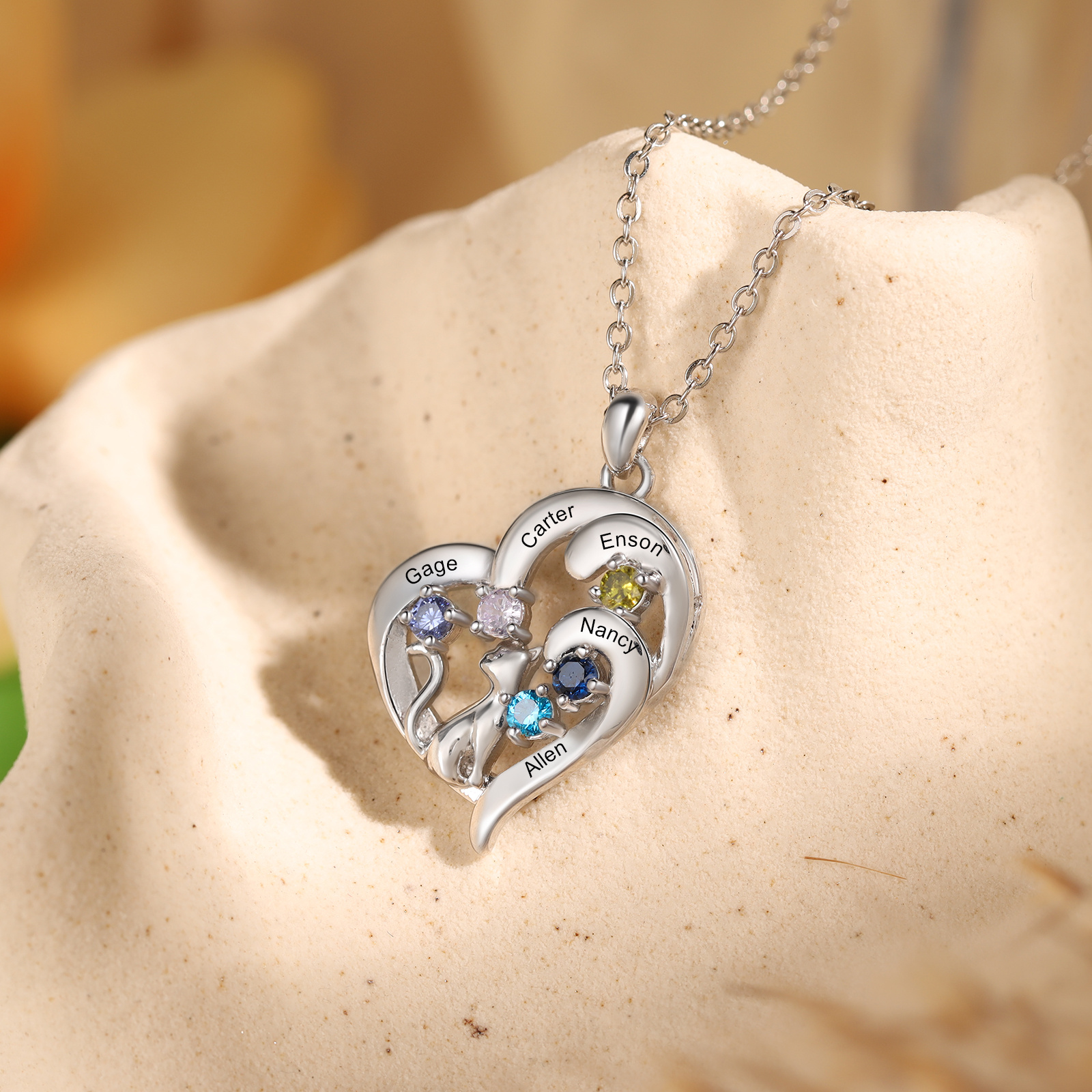 Personalized Cat Heart Necklace with 2–5 Birthstones and Names