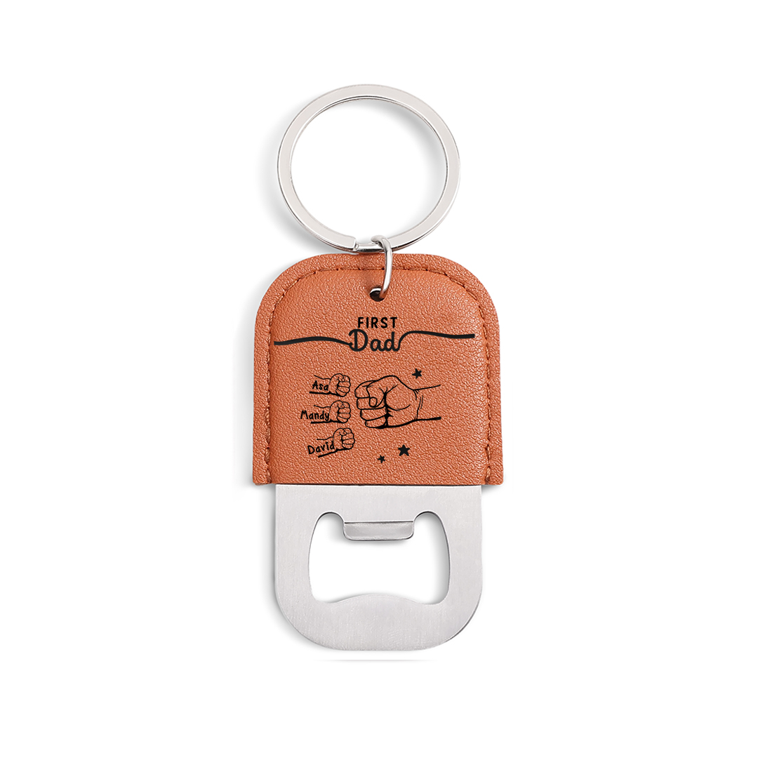 Personalized Leather Keychain With Bottle Opener Custom with 2-12 Names And Fist Bumps