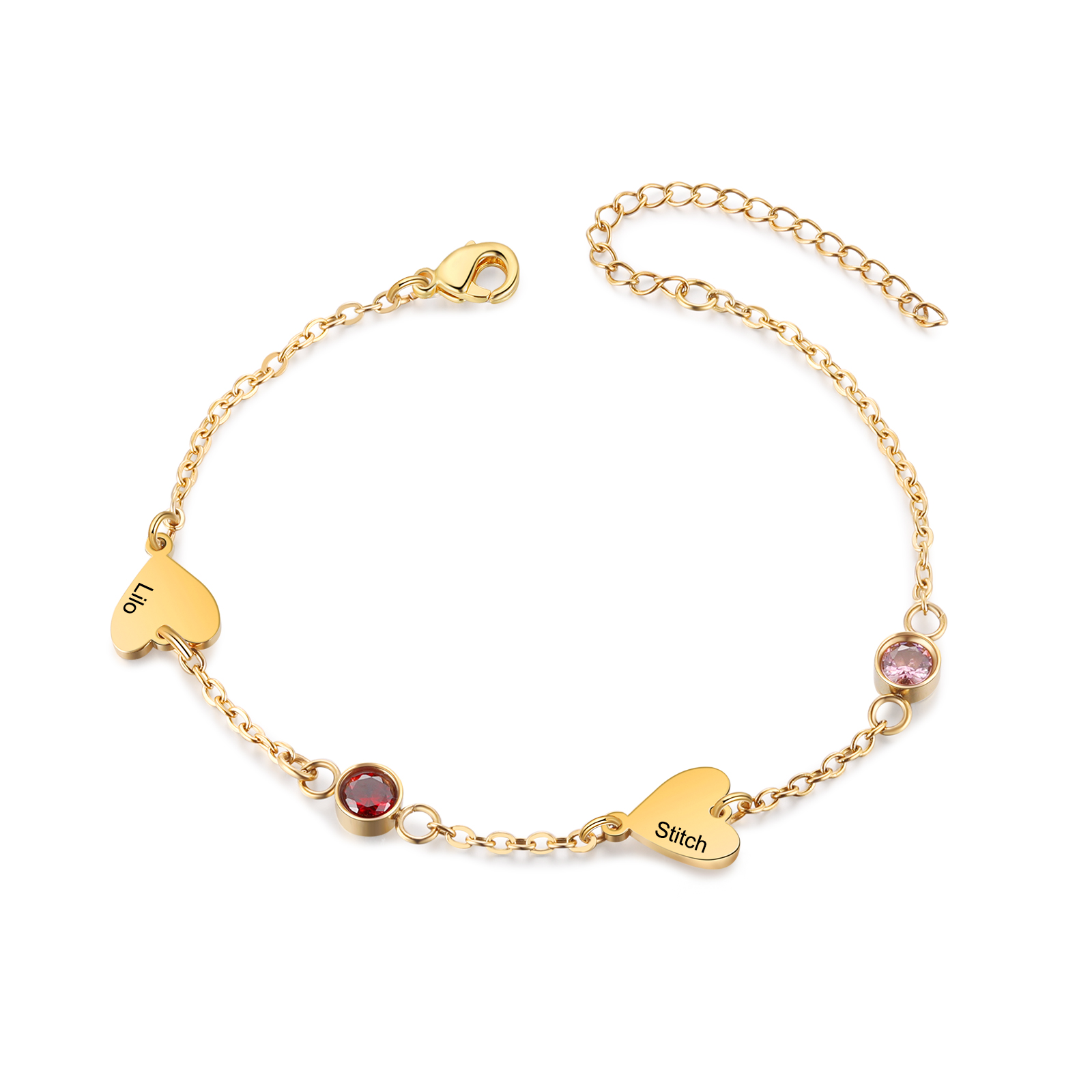 Personalized 1-5 Names Gold Heart Birthstone Chain Bracelet