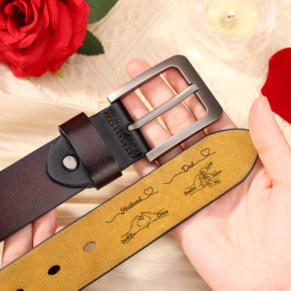 Personalized Men’s Leather Belt for Husband or Dad Engraved with Heart Hand Fist Bump