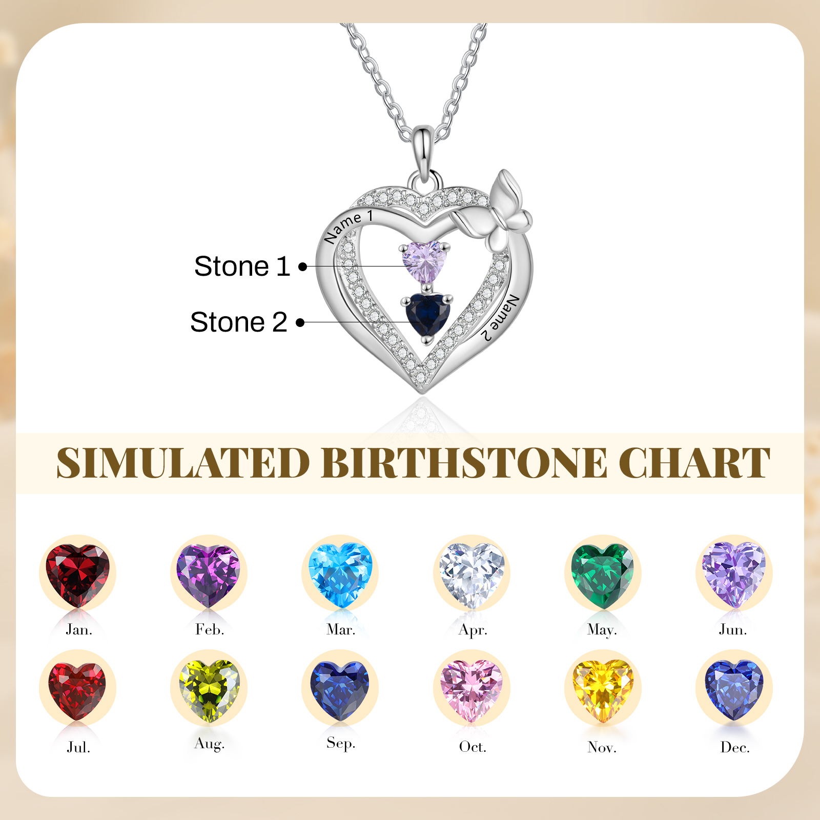 Personalized 1-3 Names Butterfly Heart Birthstone Necklace