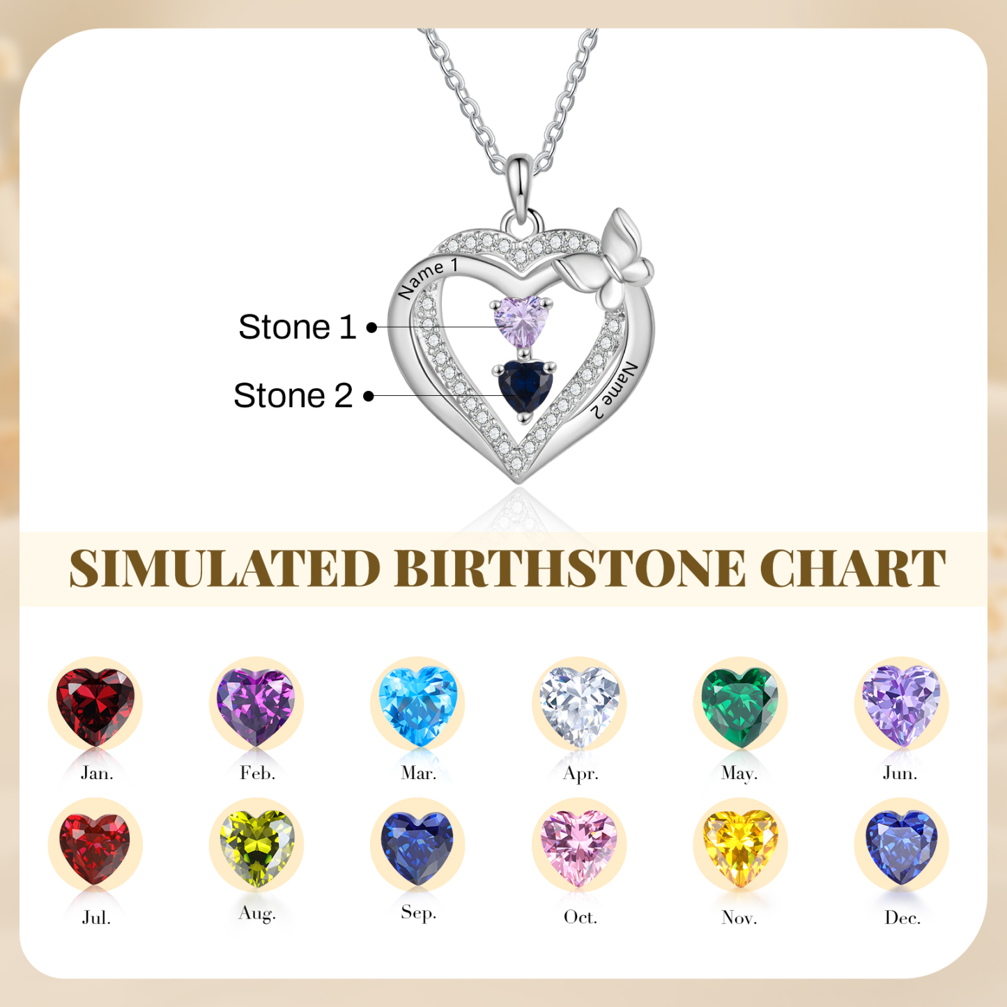 Personalized 1-3 Names Butterfly Heart Birthstone Necklace