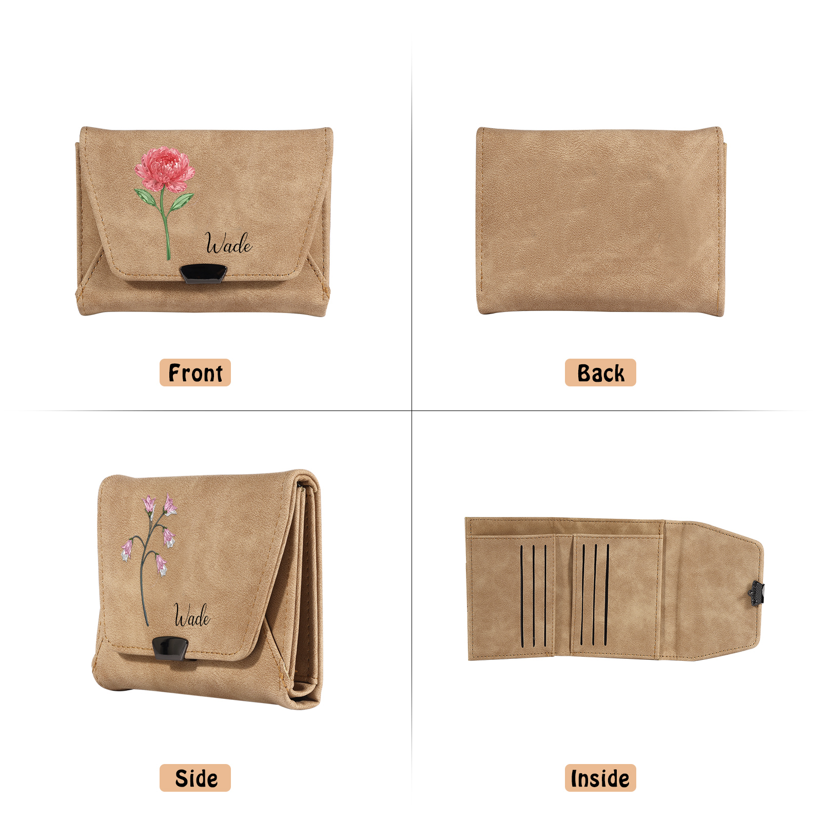 Personalized Women Leather Wallet Custom With Birth Flower And Name