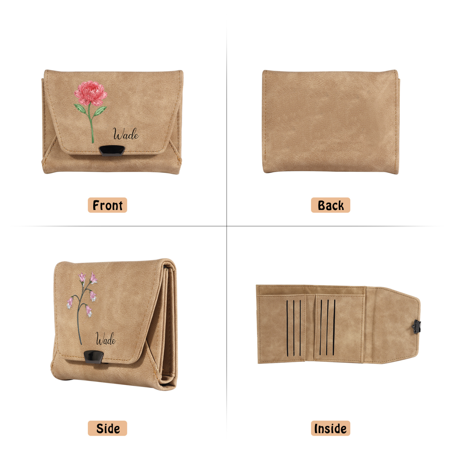Personalized Women Leather Wallet Custom With Birth Flower And Name