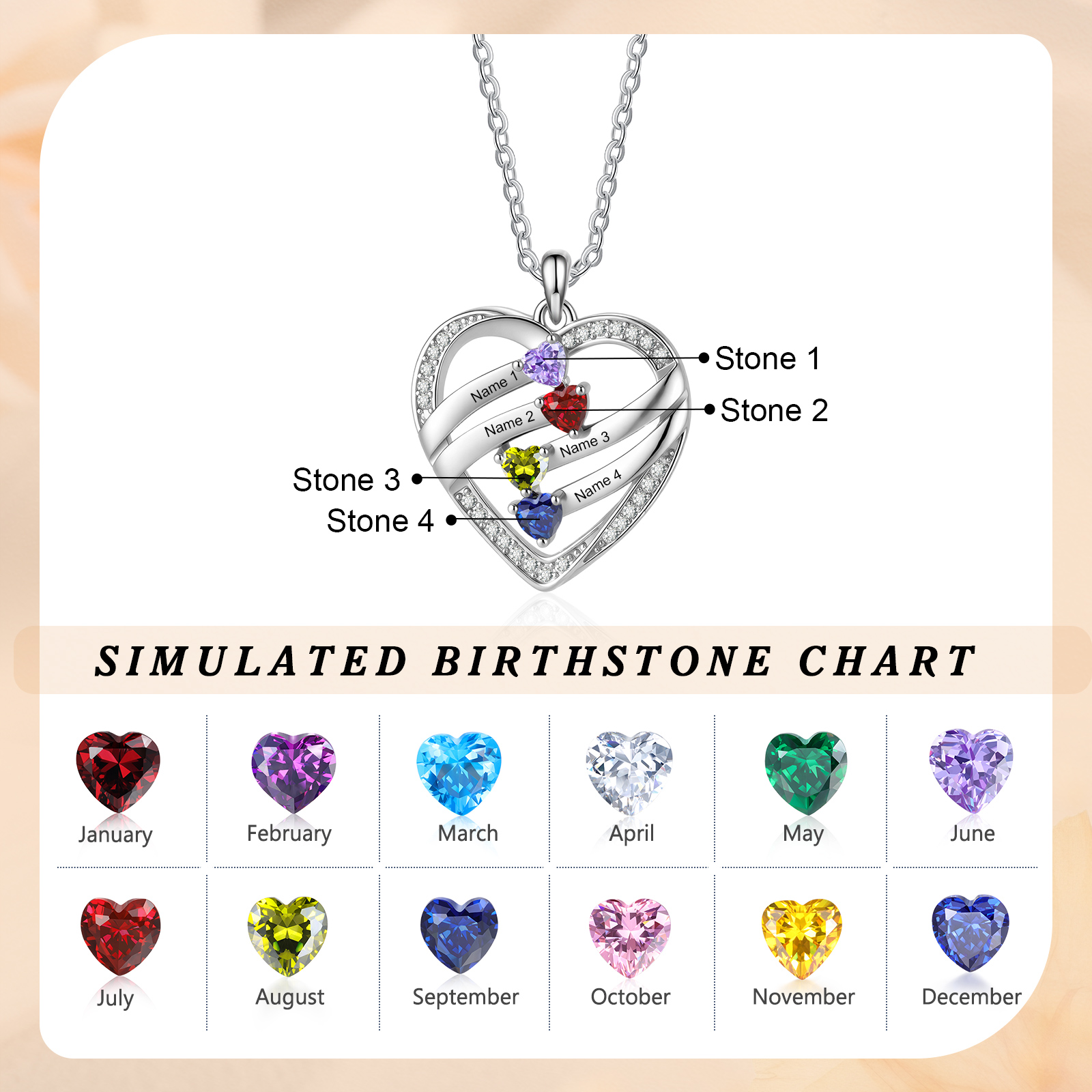 Personalized Heart Birthstones Necklace Custom With 3–5 Children’s Names