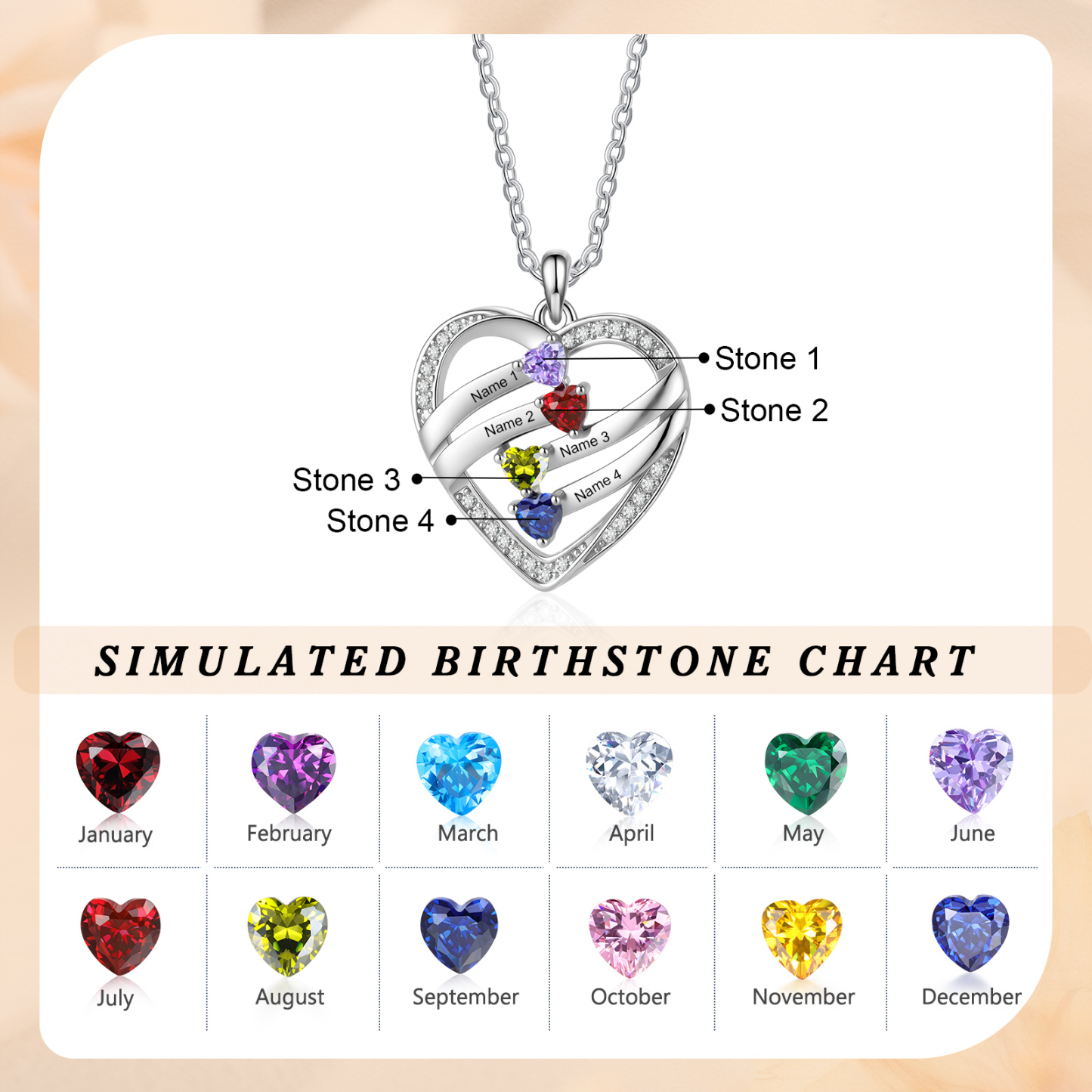 Personalized Heart Birthstones Necklace Custom With 3–5 Children’s Names