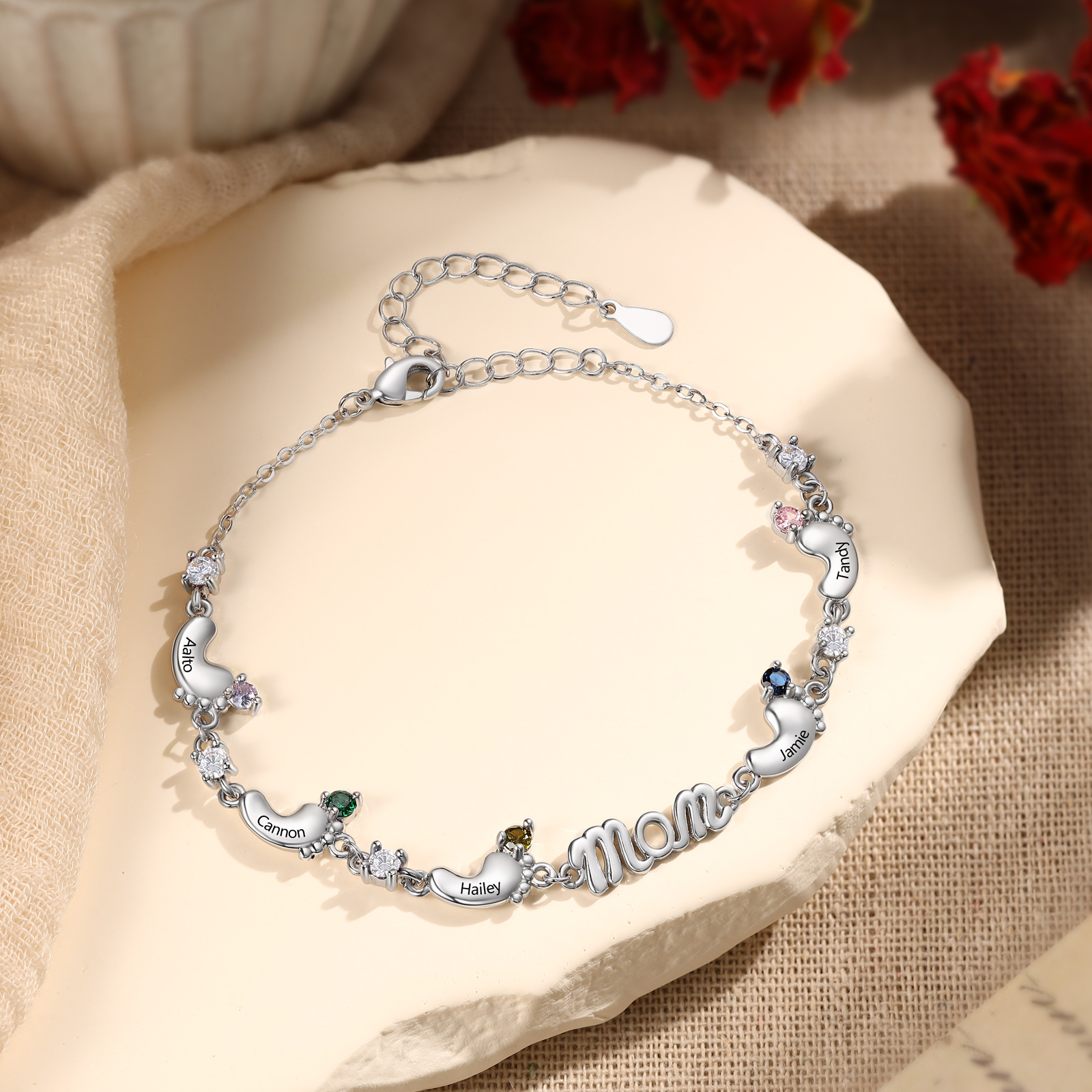 Personalized Mom Bracelet with 2–5 Baby Feet Names and Birthstones