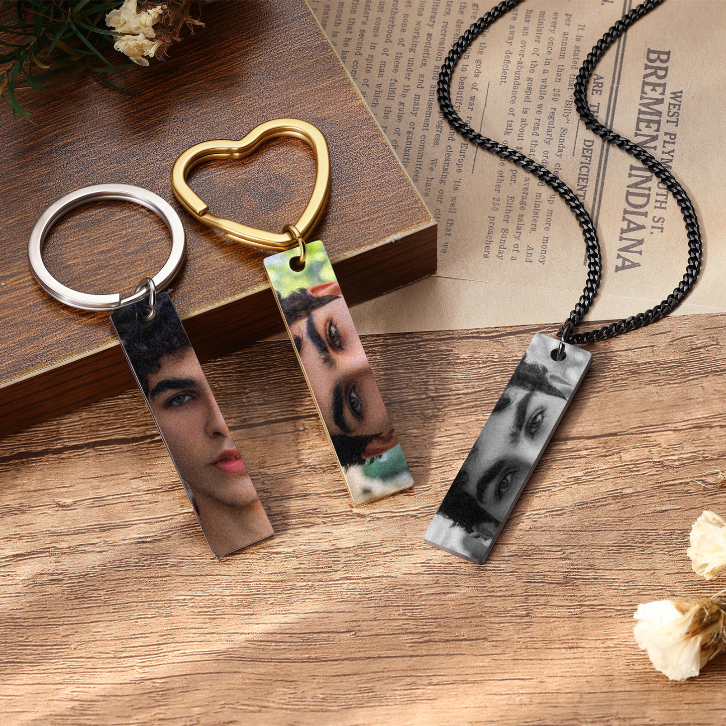Personalized Photo Keychain Necklace Custom with Eyes Lips or Half Face Picture and Custom Text
