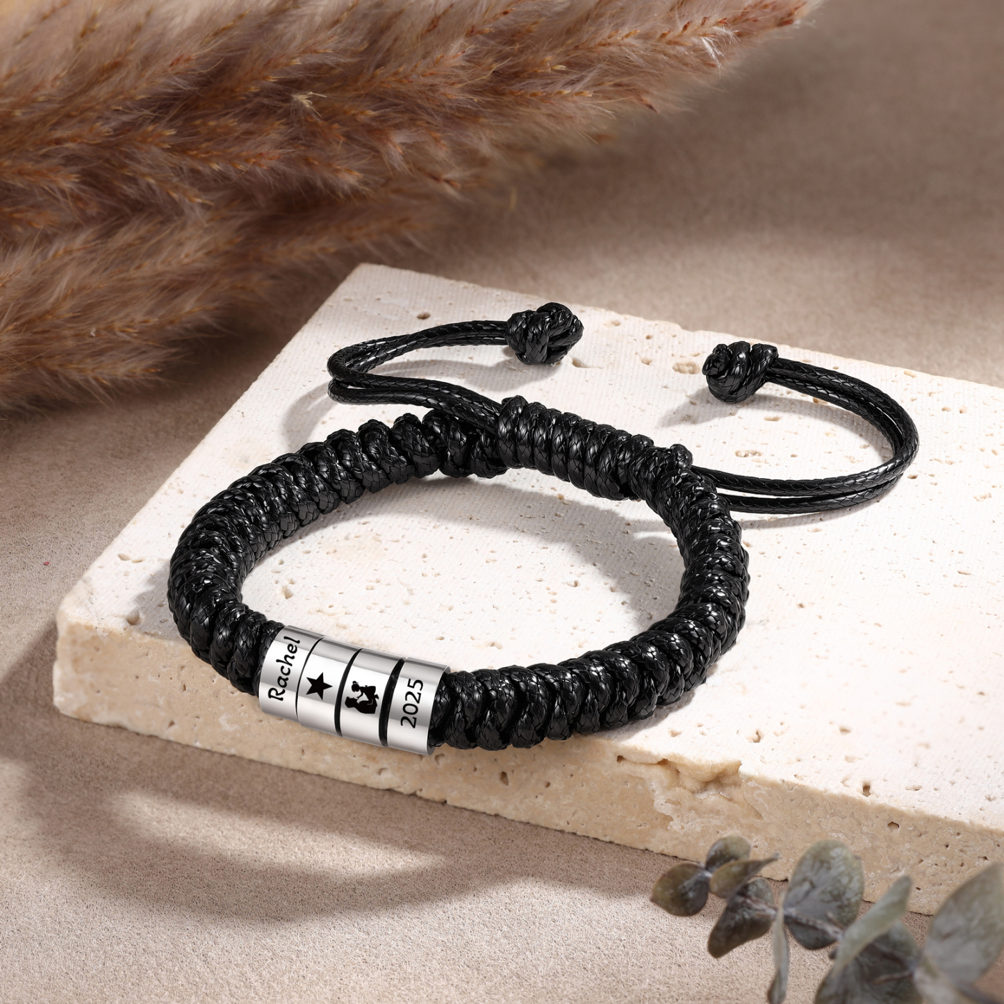 Personalized Braided Rope Bracelet Adjustable Customized with 2-6 Names Beads