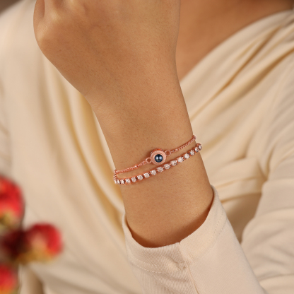 Personalized Photo Projection Bracelet with Double Rhinestone Row Adjustable Women’s Bracelet