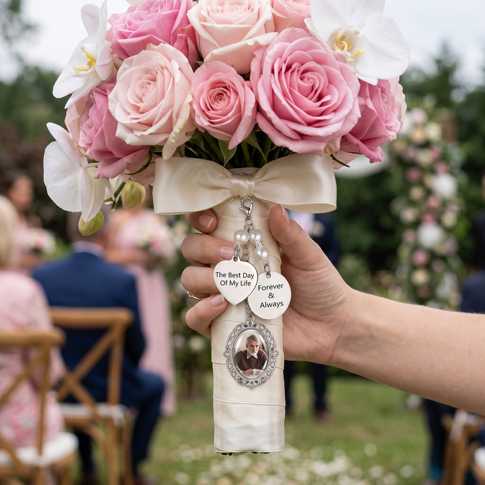 Personalized Memorial Bouquet Charm with Pearl Beads Custom 1-4 Photos