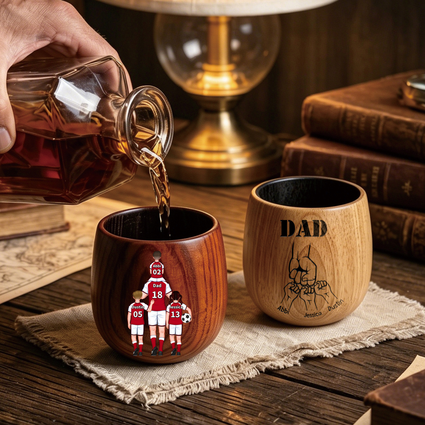 Personalized Wooden Whiskey Tumbler Cup for Dad Customized with 1–5 Kids Names Football Family