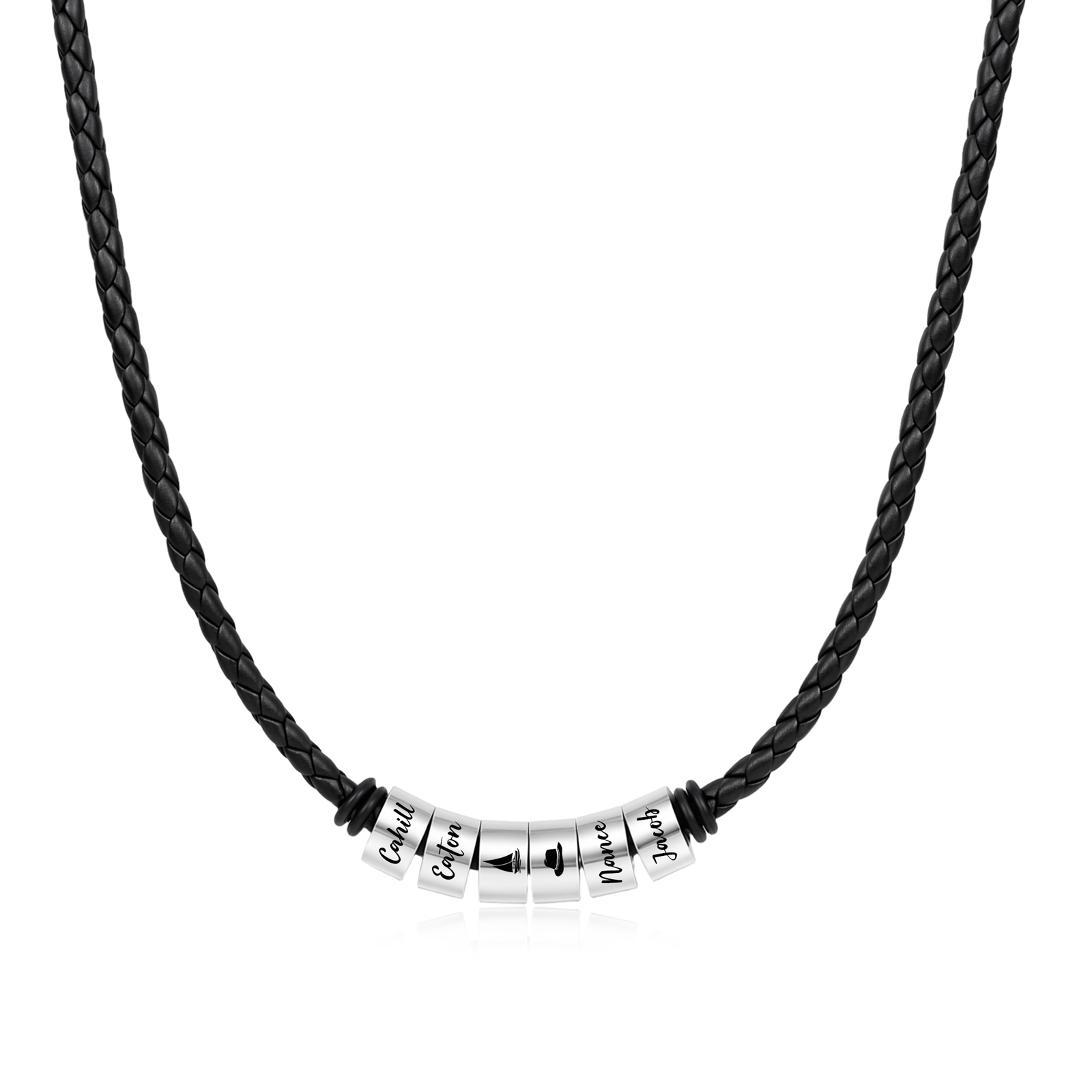 Personalized Braided Leather Necklace for Men Customized with 1–6 Names Beads