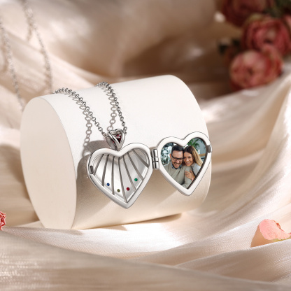 Personalized Heart Locket Birthstone Photo Necklace Custom with 1-6 Names Birthstones