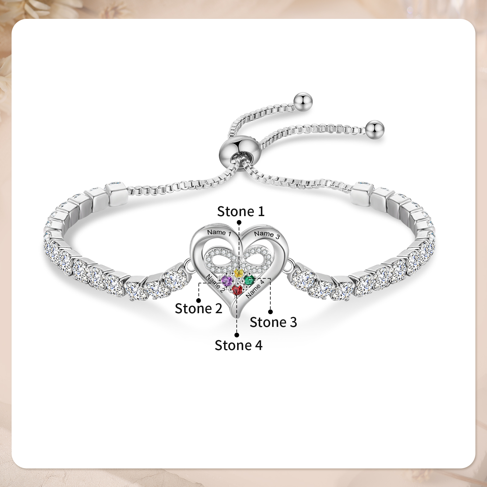 Personalized Tennis Bracelet with Infinity Heart Custom 2-4 Names and Birthstones Adjustable with Cubic Zirconia