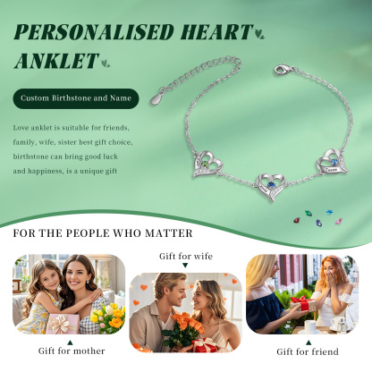 Personalized Heart Anklet with 1-5 Names and Birthstones - Gift for Mother, Wife, Friend,Grandpa| Jessemade