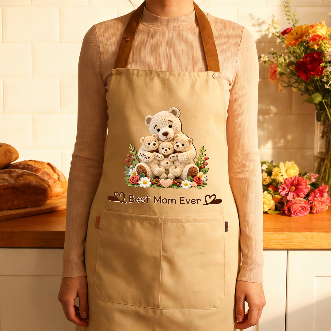 Personalized Cooking Apron With Pocket Customized With 1-10 Names And Teddy Bear