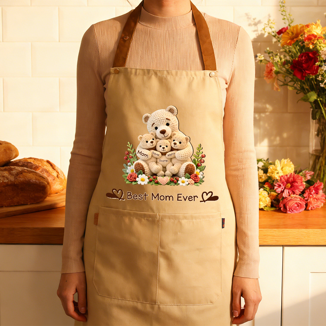 Personalized Cooking Apron With Pocket Customized With 1-10 Names And Teddy Bear