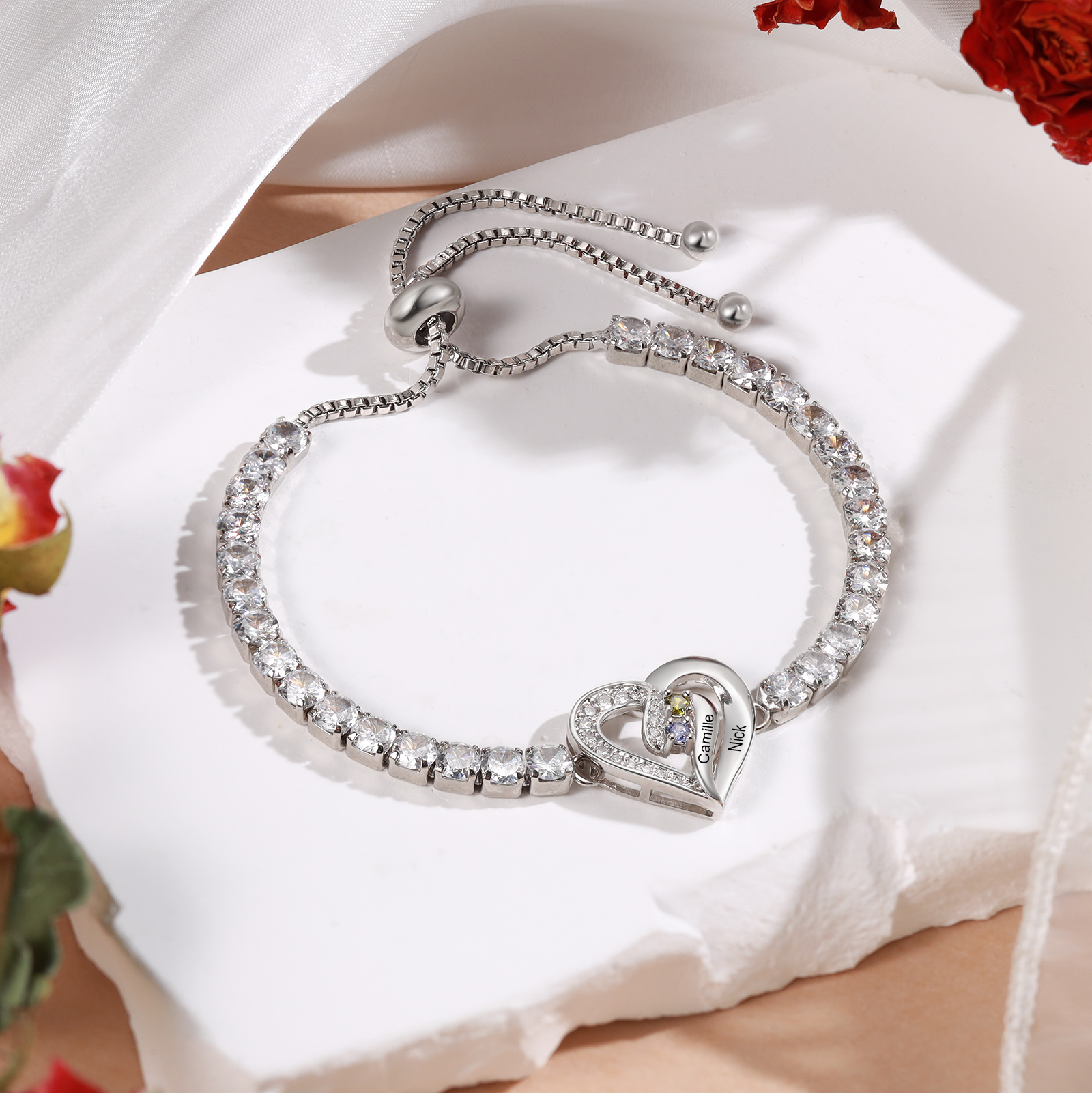 Personalized Diamond Heart Birthstone Tennis Bracelet with 2–5 Custom Names