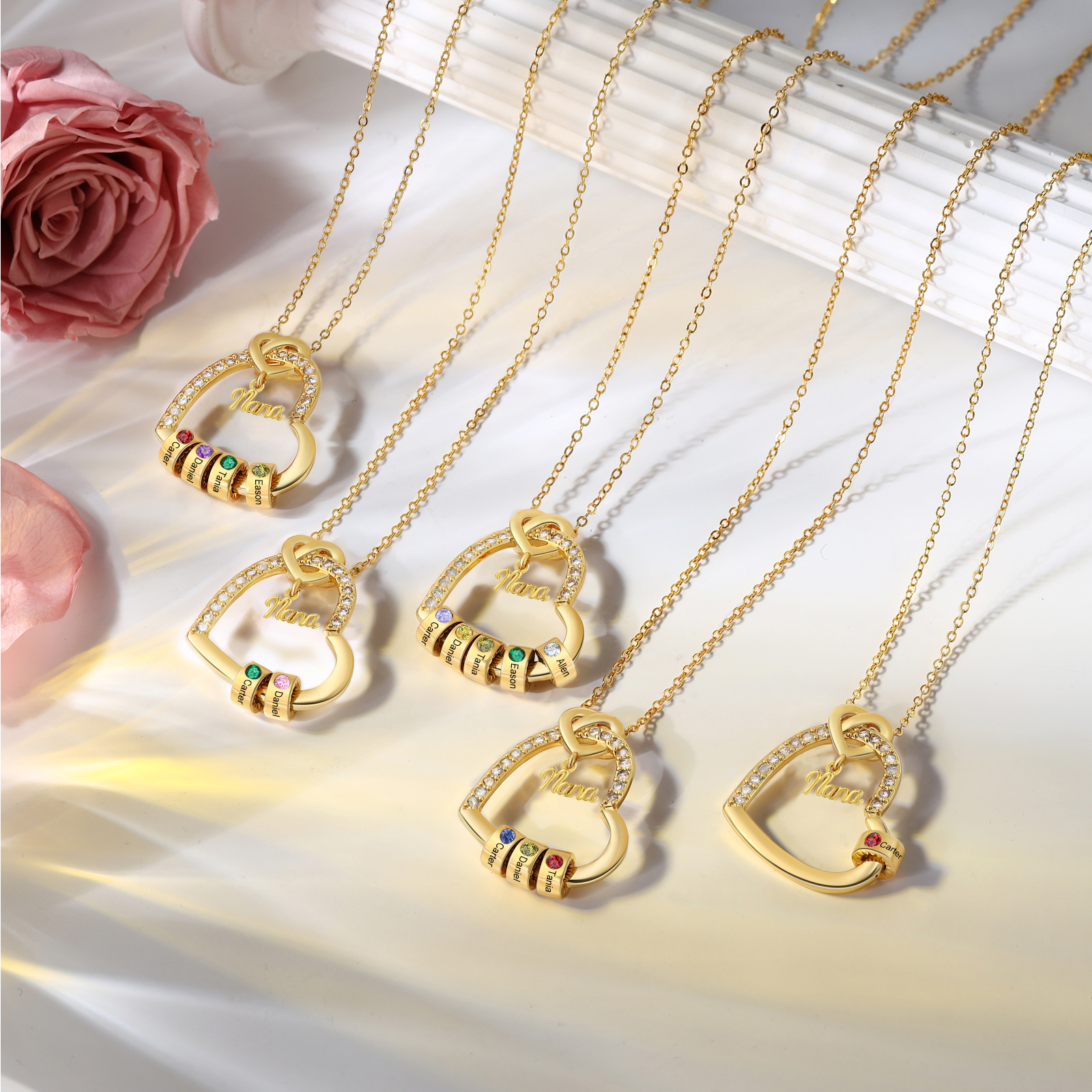 Personalized Heart Nana Necklace Custom 1-5 Names and 1-5 Birthstones Gift for Grandma | Jessemade