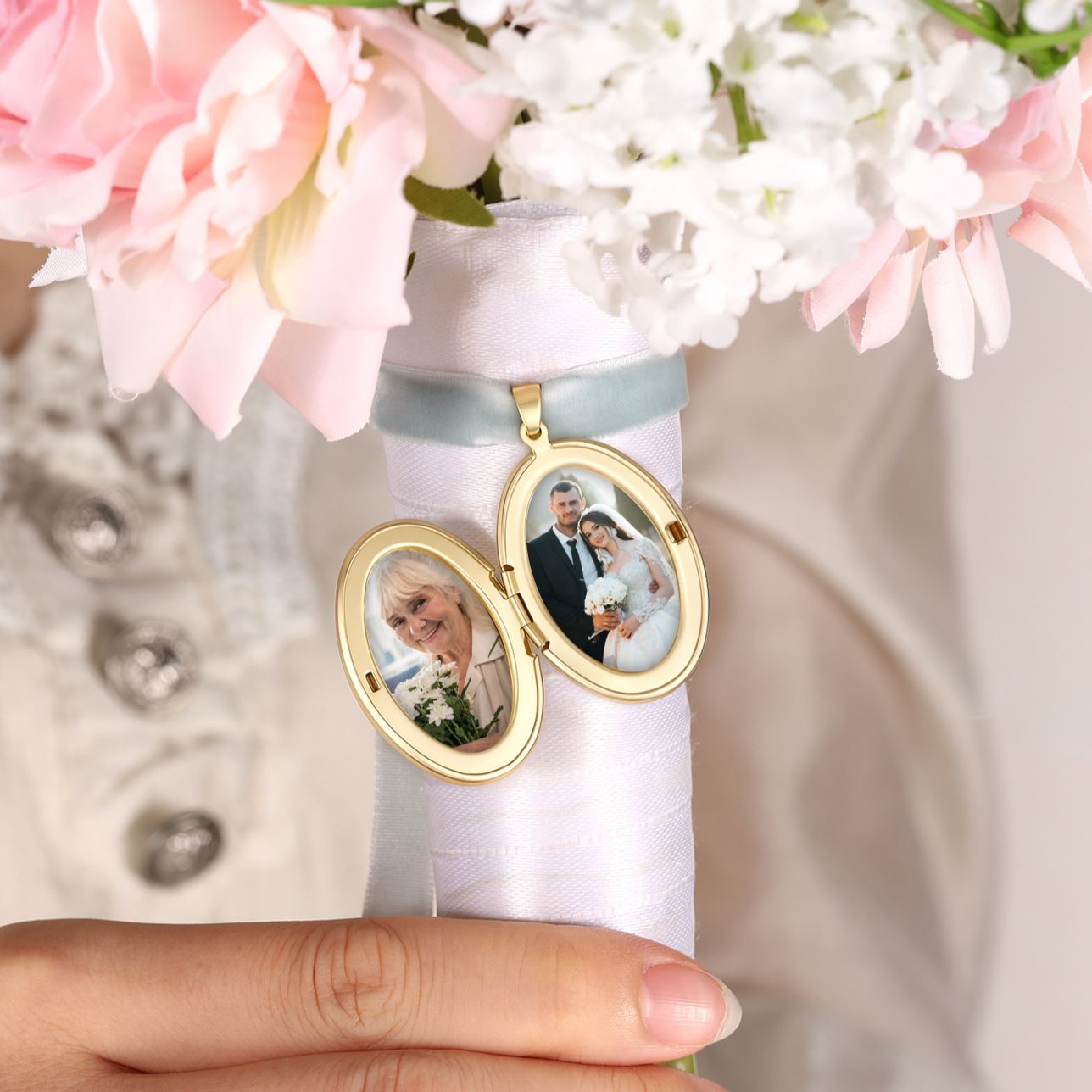 Personalized Photo Bridal Bouquet Charm with Birth Flower and Ribbon Memorial Wedding Keepsake