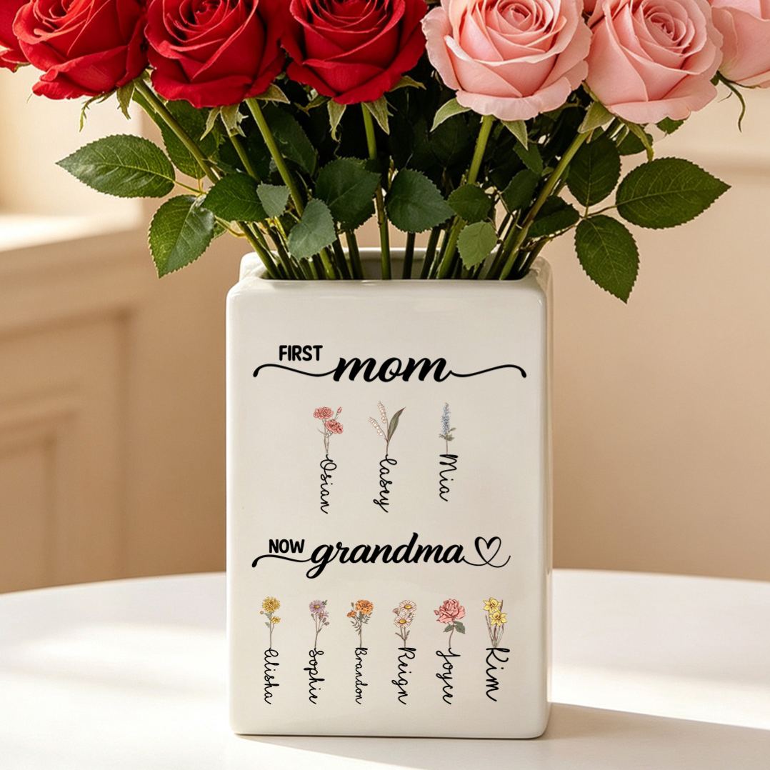 Personalized Ceramic Vase for Grandma Customized with 2-12 Names and Birth Flowers